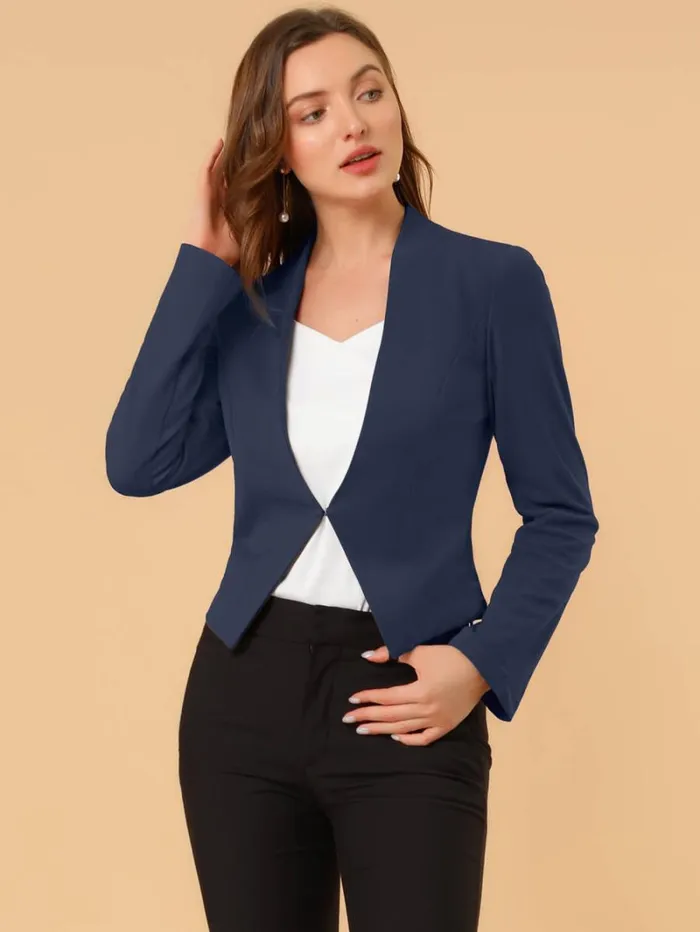 RWandCO Blazers Allegra K Suit Collarless Cropped Blazer Jacket Navy 8211 Women