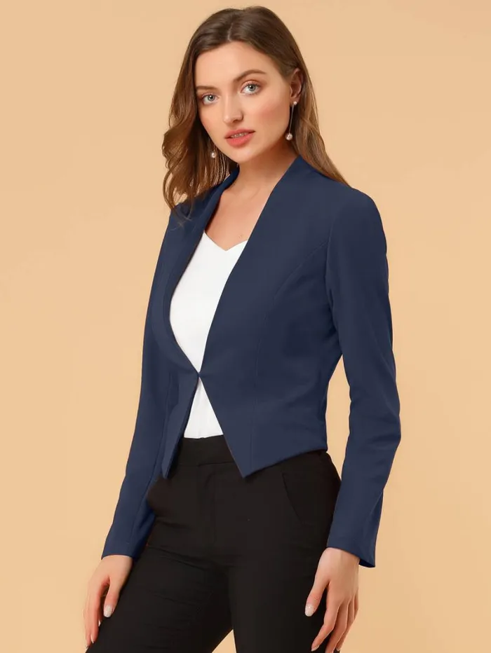 RWandCO Blazers Allegra K Suit Collarless Cropped Blazer Jacket Navy 8211 Women