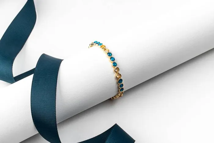 RWandCO Bracelets and Rings Goldtone Carribean Opal Circular Link Bracelet Made With Quality Austrian Crystals 8211 MICALLA Dark Blue 8211 Women RWandCO Bracelets and Rings Goldtone Carribean Opal Circular Link Bracelet Made With Quality Austrian Crystals 8211 MICALLA Dark Blue 8211 Women