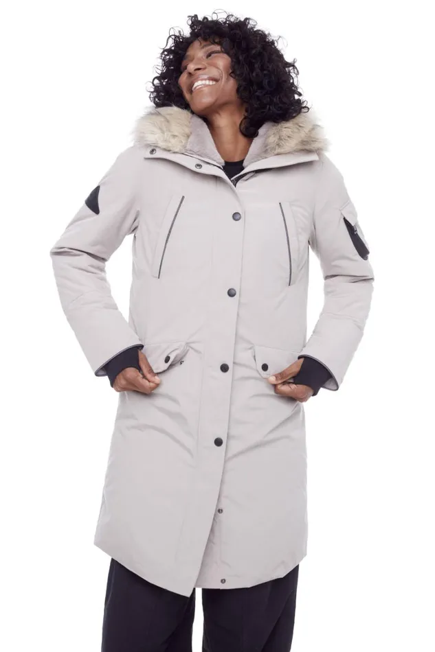 RWandCO Coats and Jackets Alpine North Women039s 8211 LAURENTIAN Vegan Down Recycled Long Parka Winter With Faux Fur Hood Light Brown 8211 Women