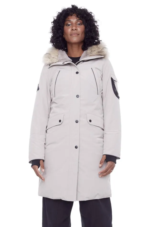 RWandCO Coats and Jackets Alpine North Women039s 8211 LAURENTIAN Vegan Down Recycled Long Parka Winter With Faux Fur Hood Light Brown 8211 Women