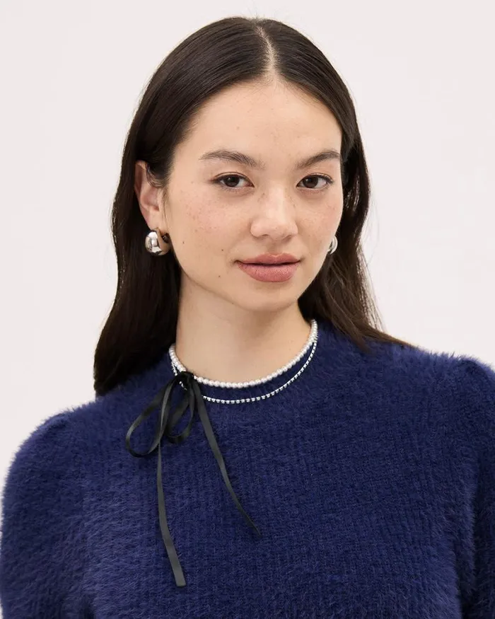RWandCO Jewelry Short DoubleChain Necklace With Pearls Rhinestones And Ribbon Silver 8211 Women RWandCO Jewelry Short DoubleChain Necklace With Pearls Rhinestones And Ribbon Silver 8211 Women