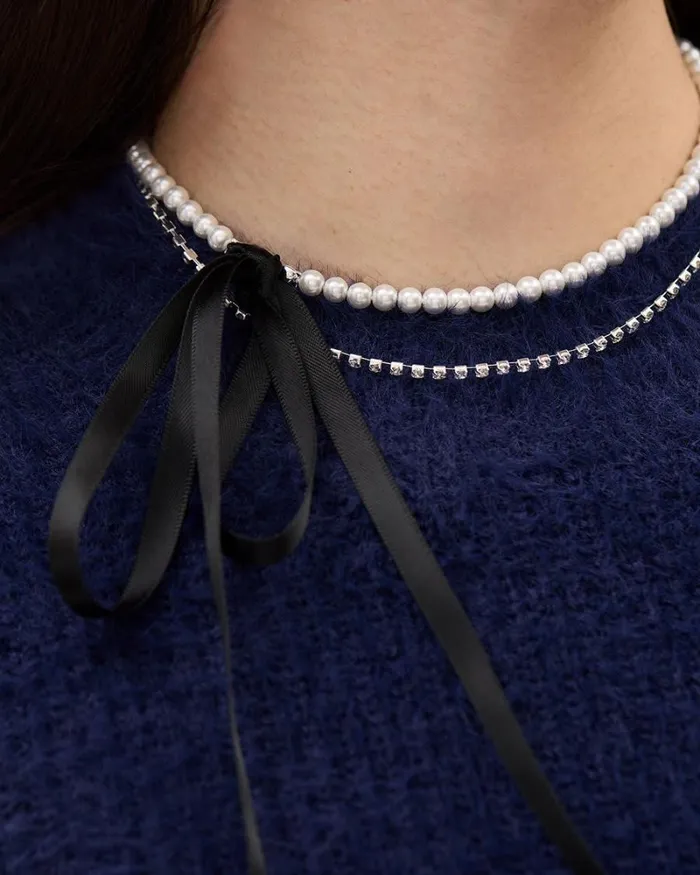 RWandCO Jewelry Short DoubleChain Necklace With Pearls Rhinestones And Ribbon Silver 8211 Women RWandCO Jewelry Short DoubleChain Necklace With Pearls Rhinestones And Ribbon Silver 8211 Women