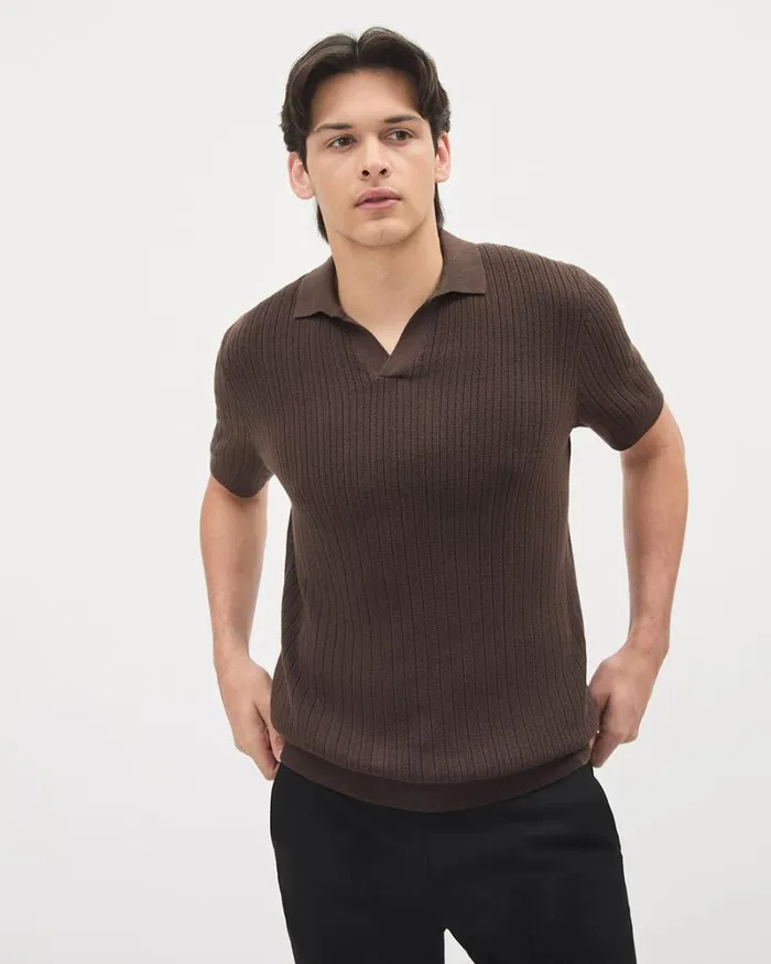 RWandCO Polos ShortSleeve Cotton Polo Sweater With Johnny Collar Seal Brown 8211 Men RWandCO Polos ShortSleeve Cotton Polo Sweater With Johnny Collar Seal Brown 8211 Men