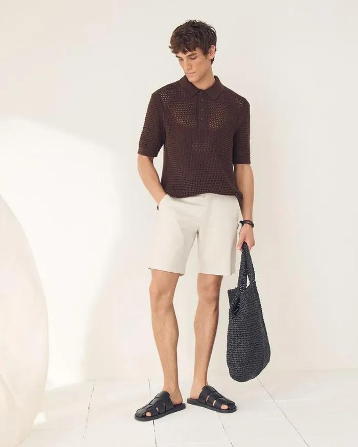 RWandCO Polos ShortSleeve Cotton Polo With Open Stitches Dark Brown 8211 Men
