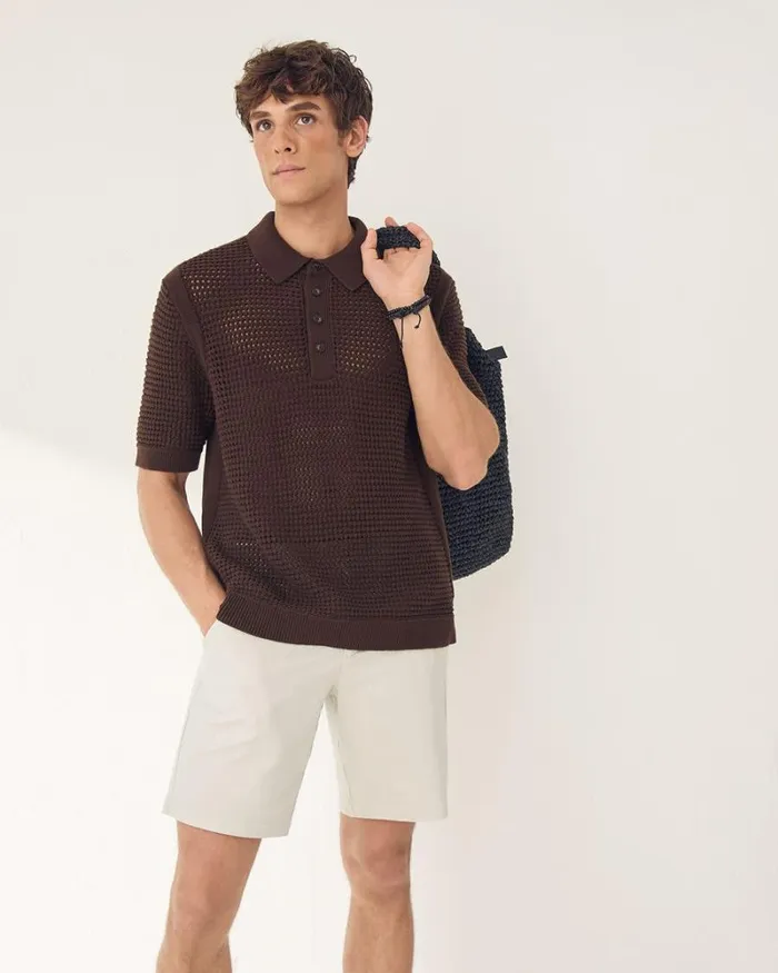 RWandCO Polos ShortSleeve Cotton Polo With Open Stitches Dark Brown 8211 Men