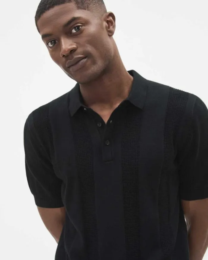 RWandCO Polos ShortSleeve Polo Sweater With Vertical Stitches Black 8211 Men RWandCO Polos ShortSleeve Polo Sweater With Vertical Stitches Black 8211 Men