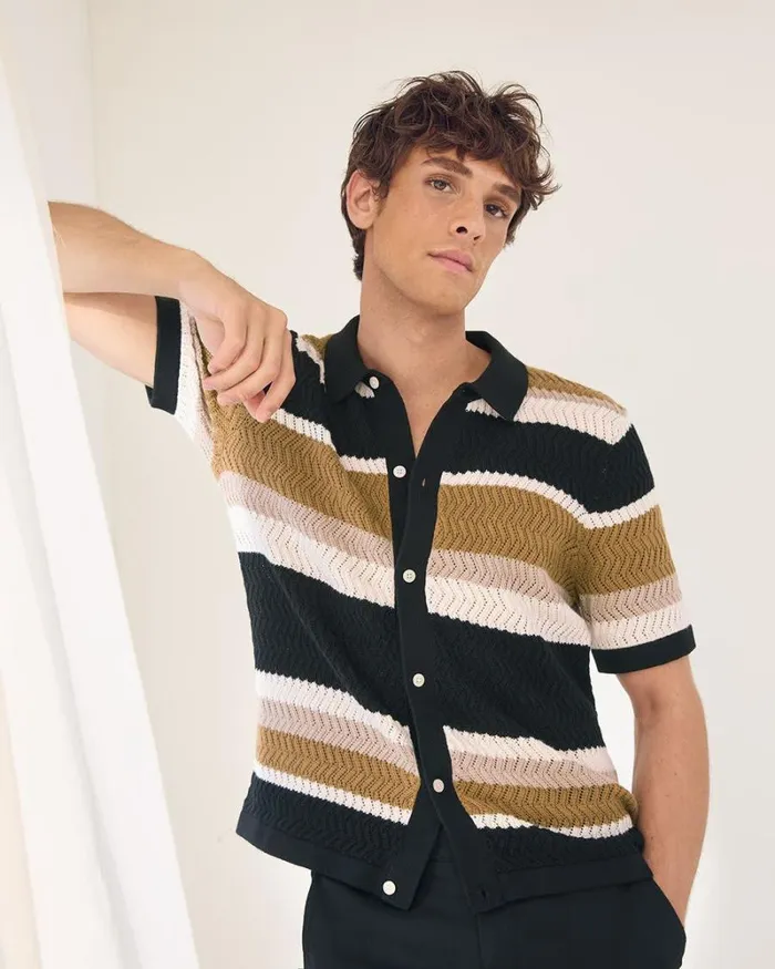 RWandCO Polos Striped ShortSleeve TexturedKnit Sweater Coconut Milk Multi 8211 Men RWandCO Polos Striped ShortSleeve TexturedKnit Sweater Coconut Milk Multi 8211 Men