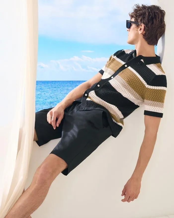 RWandCO Polos Striped ShortSleeve TexturedKnit Sweater Coconut Milk Multi 8211 Men RWandCO Polos Striped ShortSleeve TexturedKnit Sweater Coconut Milk Multi 8211 Men