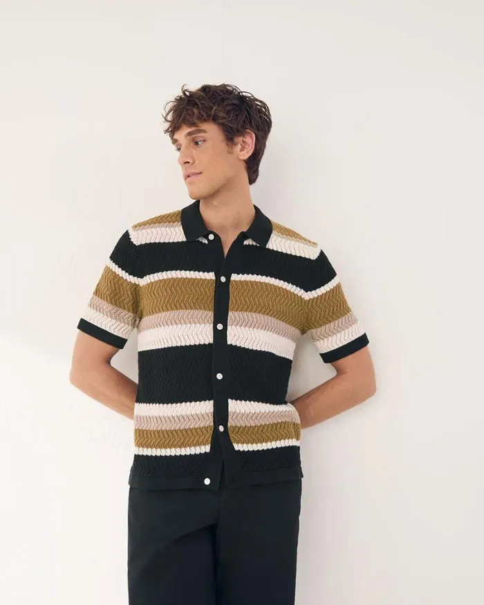 RWandCO Polos Striped ShortSleeve TexturedKnit Sweater Coconut Milk Multi 8211 Men RWandCO Polos Striped ShortSleeve TexturedKnit Sweater Coconut Milk Multi 8211 Men