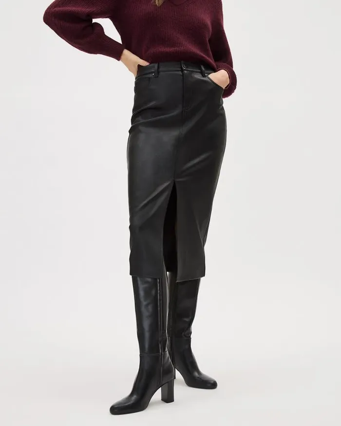 RWandCO Skirts Black Faux Leather Midi Skirt Black 8211 Women