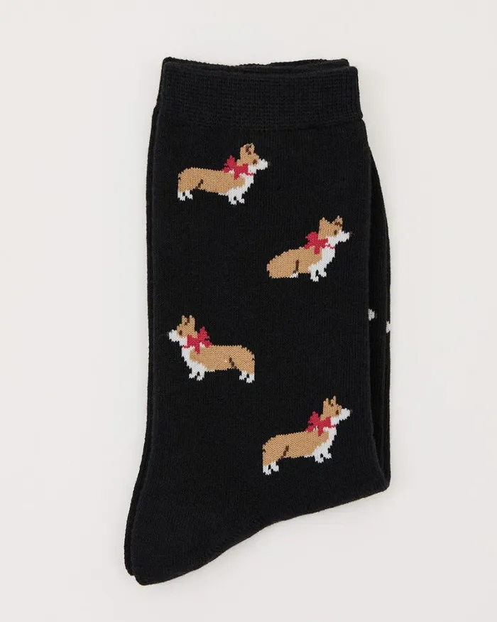RWandCO Socks and Tights Cotton Socks With Corgi Dogs Black Multi8211 8211 Women