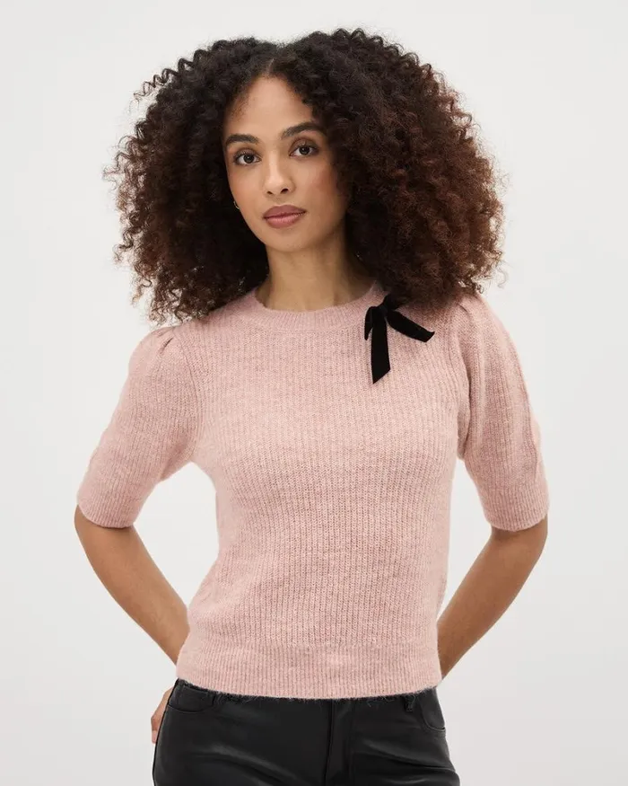 RWandCO Sweaters and Cardigans ElbowSleeve CrewNeck Pullover With Bow Rose Dust Mix 8211 Women