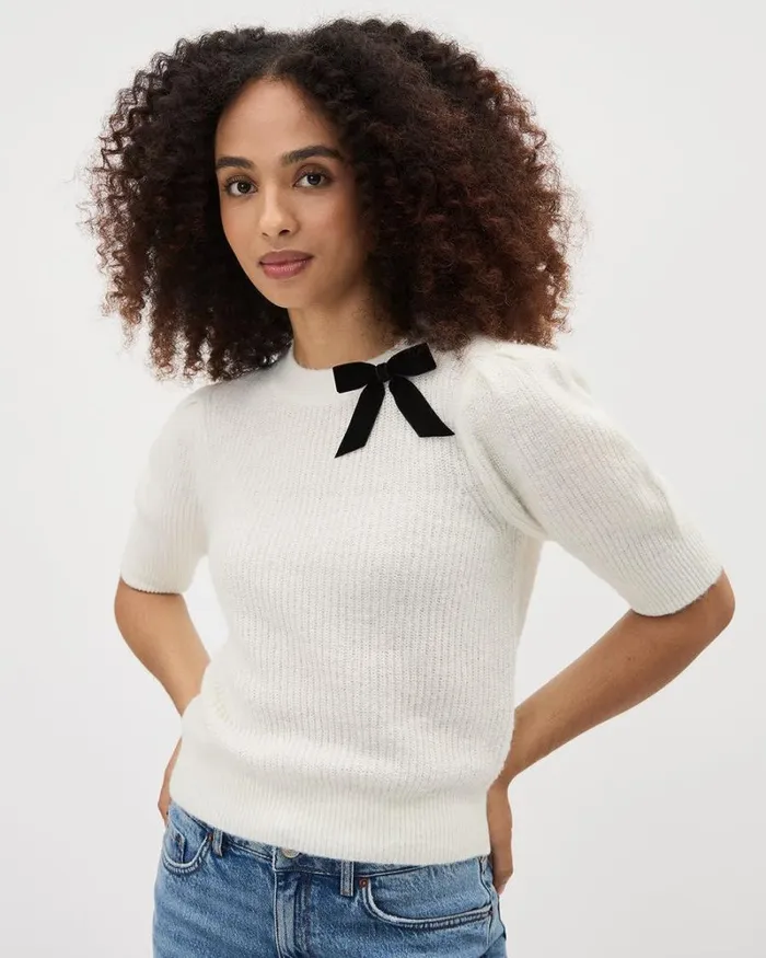 RWandCO Sweaters and Cardigans ElbowSleeve CrewNeck Pullover With Bow Snow White 8211 Women