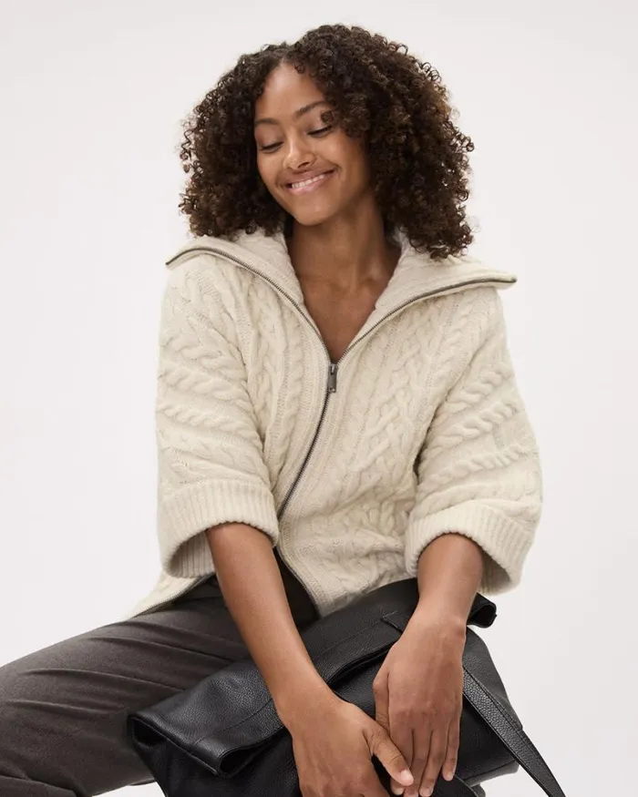 RWandCO Sweaters and Cardigans ElbowSleeve FunnelNeck Zipped Vest Birch 8211 Women