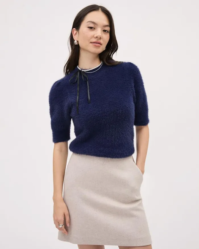 RWandCO Sweaters and Cardigans ElbowSleeve MockNeck FeatherYarn Pullover Medieval Blue 8211 Women