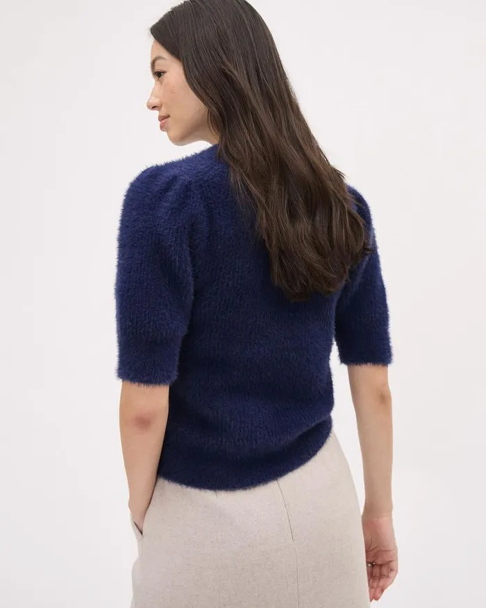 RWandCO Sweaters and Cardigans ElbowSleeve MockNeck FeatherYarn Pullover Medieval Blue 8211 Women RWandCO Sweaters and Cardigans ElbowSleeve MockNeck FeatherYarn Pullover Medieval Blue 8211 Women