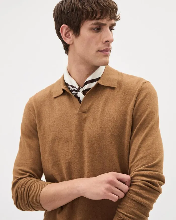 RWandCO Sweaters and Cardigans LongSleeve Cotton Sweater Polo With Johnny Collar Golden Brown 8211 Men RWandCO Sweaters and Cardigans LongSleeve Cotton Sweater Polo With Johnny Collar Golden Brown 8211 Men