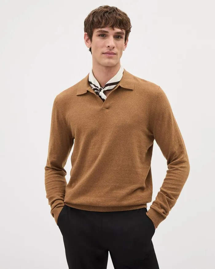 RWandCO Sweaters and Cardigans LongSleeve Cotton Sweater Polo With Johnny Collar Golden Brown 8211 Men RWandCO Sweaters and Cardigans LongSleeve Cotton Sweater Polo With Johnny Collar Golden Brown 8211 Men