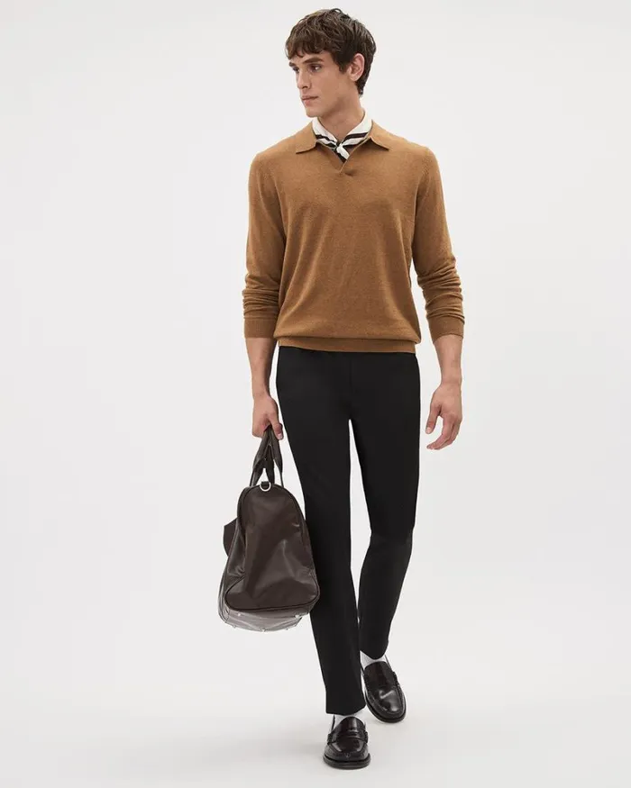 RWandCO Sweaters and Cardigans LongSleeve Cotton Sweater Polo With Johnny Collar Golden Brown 8211 Men RWandCO Sweaters and Cardigans LongSleeve Cotton Sweater Polo With Johnny Collar Golden Brown 8211 Men