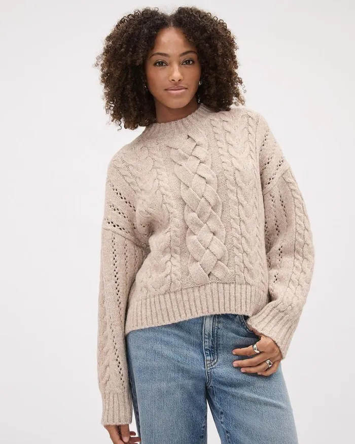 RWandCO Sweaters and Cardigans LongSleeve CrewNeck CableStich Sweater Sandshell Mix 8211 Women RWandCO Sweaters and Cardigans LongSleeve CrewNeck CableStich Sweater Sandshell Mix 8211 Women