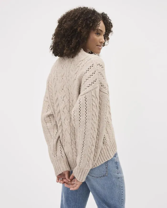 RWandCO Sweaters and Cardigans LongSleeve CrewNeck CableStich Sweater Sandshell Mix 8211 Women RWandCO Sweaters and Cardigans LongSleeve CrewNeck CableStich Sweater Sandshell Mix 8211 Women