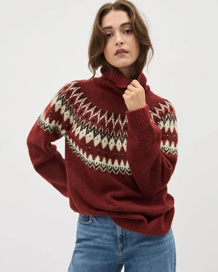 RWandCO Tops Chunky Turtleneck Sweater With Fair Isle Pattern Winery Multi 8211 Women RWandCO Tops Chunky Turtleneck Sweater With Fair Isle Pattern Winery Multi 8211 Women