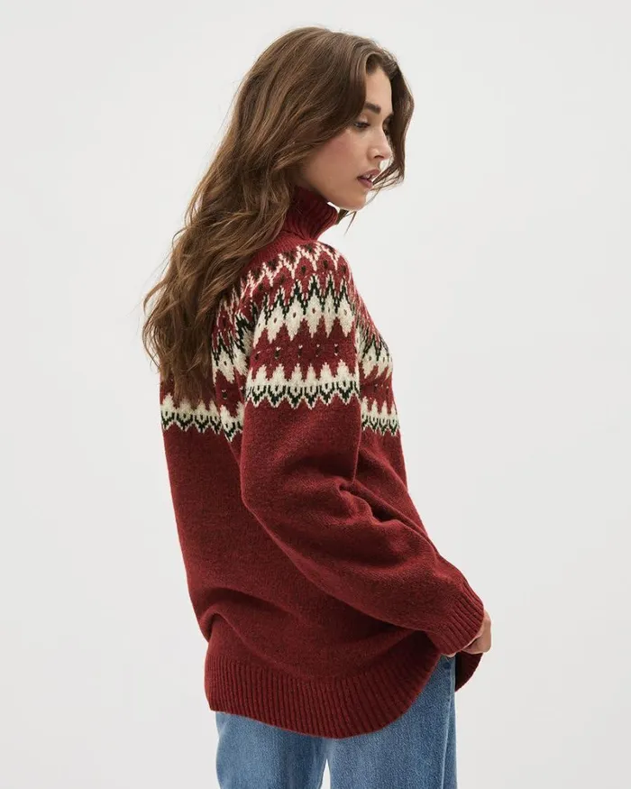 RWandCO Tops Chunky Turtleneck Sweater With Fair Isle Pattern Winery Multi 8211 Women RWandCO Tops Chunky Turtleneck Sweater With Fair Isle Pattern Winery Multi 8211 Women