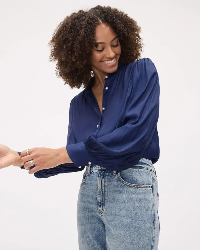 RWandCO Tops LongPuffySleeve ButtonedDown Satin Blouse Medieval Blue 8211 Women RWandCO Tops LongPuffySleeve ButtonedDown Satin Blouse Medieval Blue 8211 Women