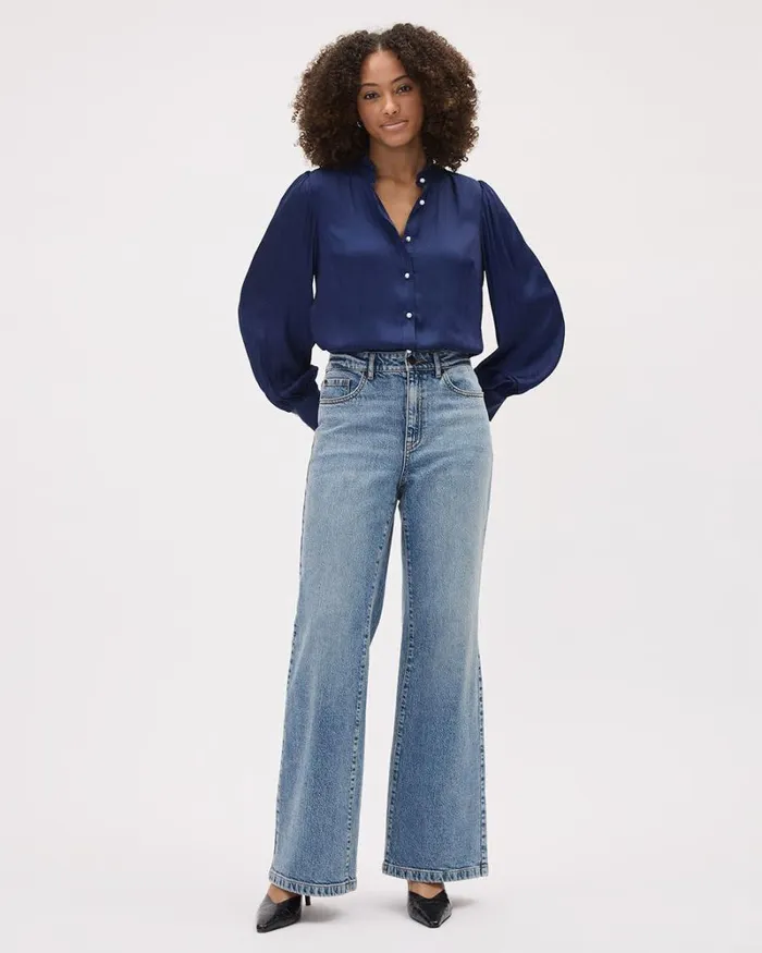 RWandCO Tops LongPuffySleeve ButtonedDown Satin Blouse Medieval Blue 8211 Women