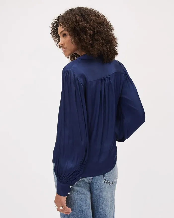 RWandCO Tops LongPuffySleeve ButtonedDown Satin Blouse Medieval Blue 8211 Women