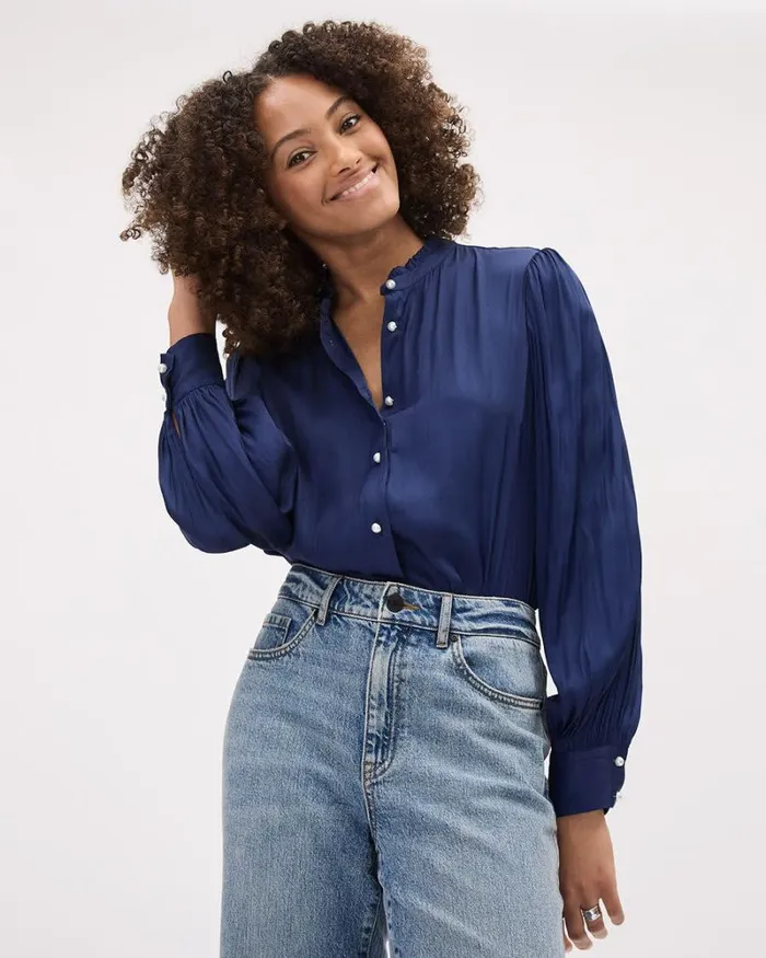 RWandCO Tops LongPuffySleeve ButtonedDown Satin Blouse Medieval Blue 8211 Women