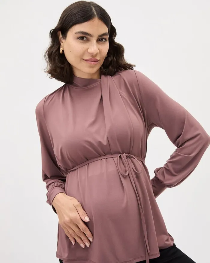 RWandCO Tops LongSleeve Pleated MockNeck Top 8211 Thyme Maternity Rose Taupe 8211 Women RWandCO Tops LongSleeve Pleated MockNeck Top 8211 Thyme Maternity Rose Taupe 8211 Women