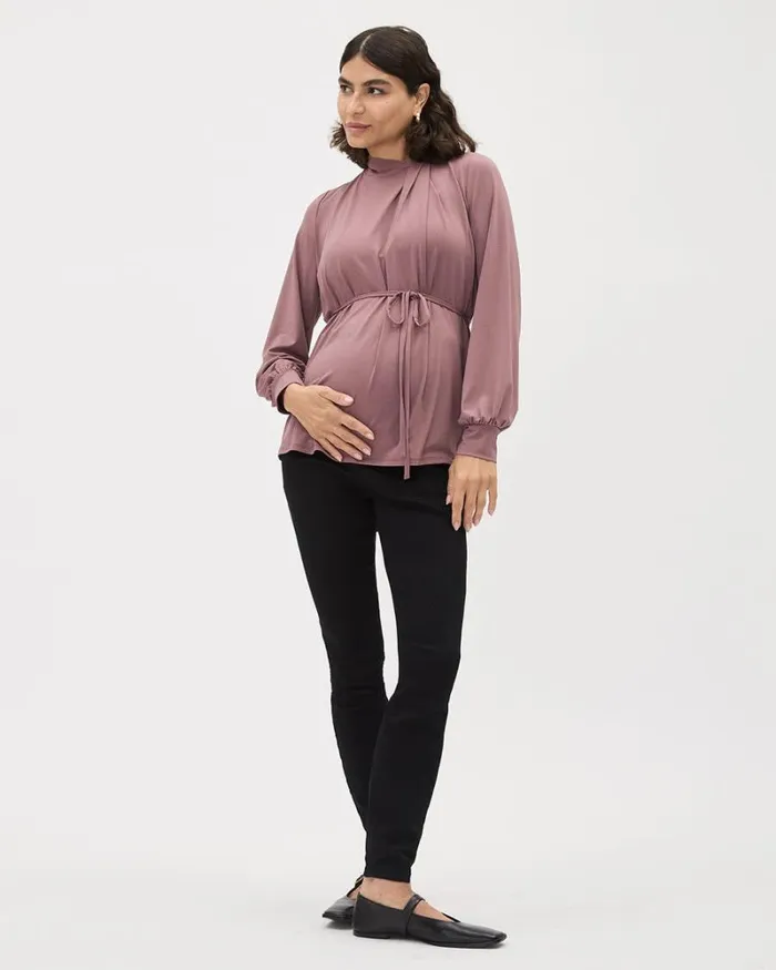 RWandCO Tops LongSleeve Pleated MockNeck Top 8211 Thyme Maternity Rose Taupe 8211 Women RWandCO Tops LongSleeve Pleated MockNeck Top 8211 Thyme Maternity Rose Taupe 8211 Women