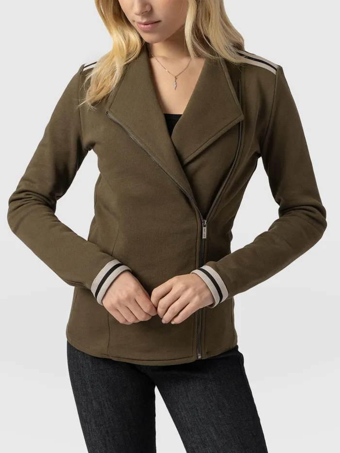 Saint And Sofia Coats and Jackets Women Cotton Biker Jacket 8211 Khaki 8211 Cream Stripe Cream Stripe