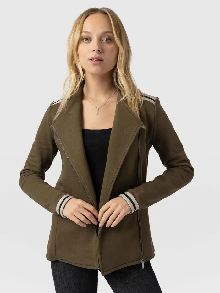 Saint And Sofia Coats and Jackets Women Cotton Biker Jacket 8211 Khaki 8211 Cream Stripe Cream Stripe