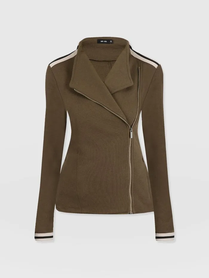 Saint And Sofia Coats and Jackets Women Cotton Biker Jacket 8211 Khaki 8211 Cream Stripe Cream Stripe