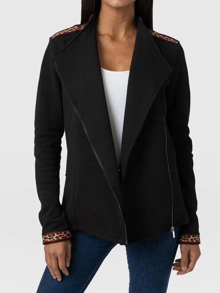 Saint And Sofia Coats and Jackets Women Cotton Biker Jacket 8211 Leopard Trim Leopard Trim