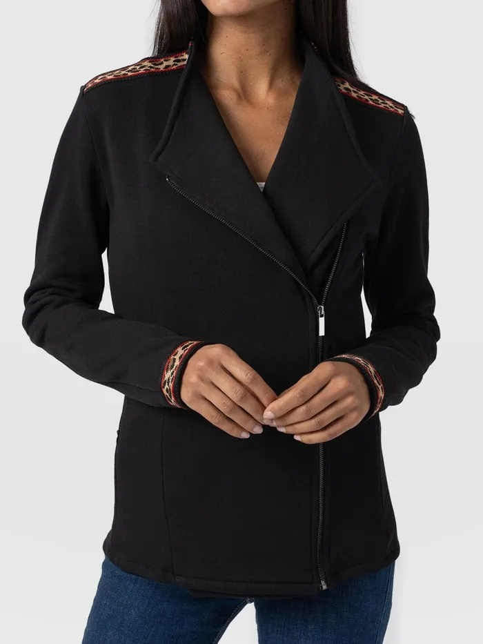 Saint And Sofia Coats and Jackets Women Cotton Biker Jacket 8211 Leopard Trim Leopard Trim