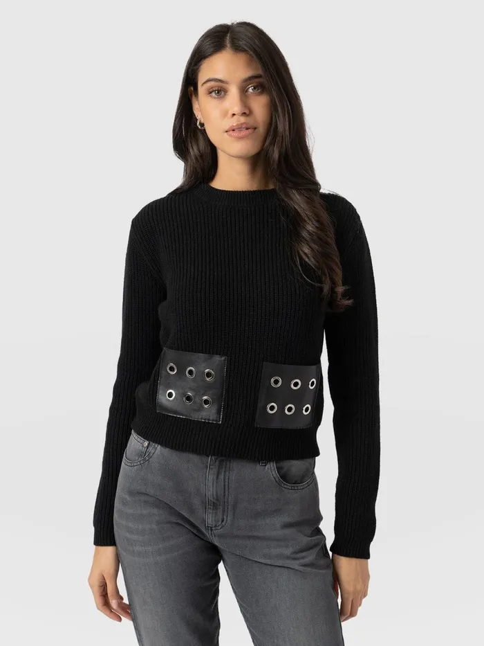 Saint And Sofia Knitwear Women Eyelet Rib Knit Sweater 8211 Black Black