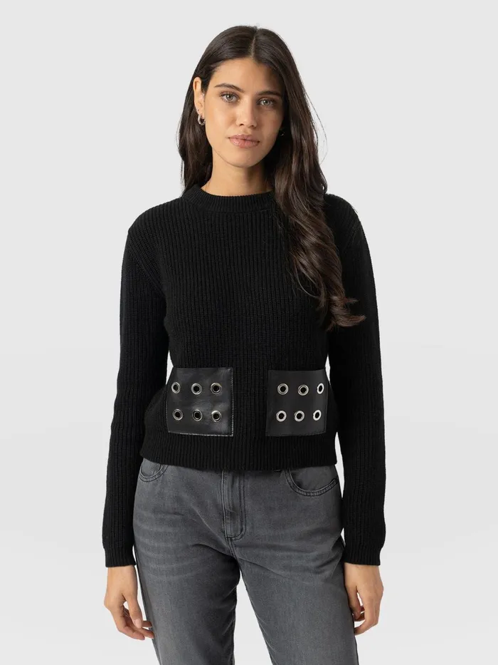Saint And Sofia Knitwear Women Eyelet Rib Knit Sweater 8211 Black Black