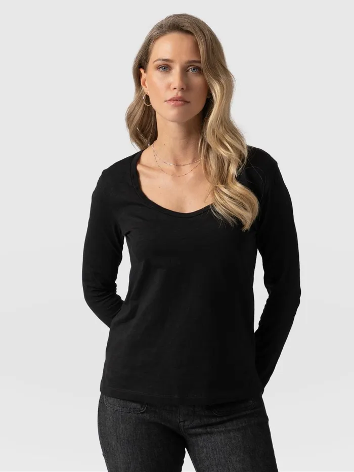Saint And Sofia TShirts and Tanks Women Scoop Neck Long Sleeve Tee 8211 Black Black Saint And Sofia TShirts and Tanks Women Scoop Neck Long Sleeve Tee 8211 Black Black