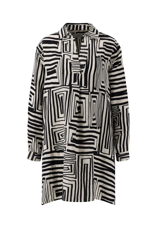 Sale Women FYNCHHATTON Patterned Linen Dress With Tunic Collar Black