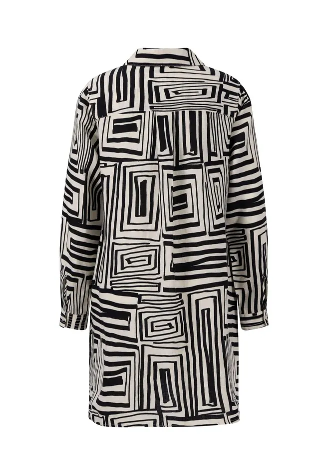 Sale Women FYNCHHATTON Patterned Linen Dress With Tunic Collar Black Sale Women FYNCHHATTON Patterned Linen Dress With Tunic Collar Black