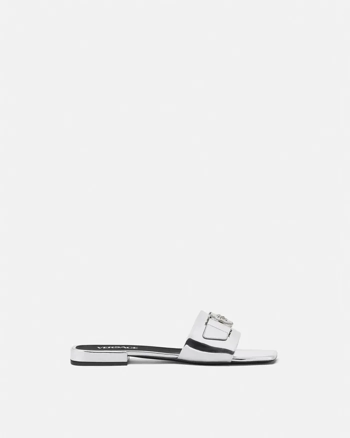 Sandals Women Versace Medusa Buckle Metallic Flat Sandals Silver