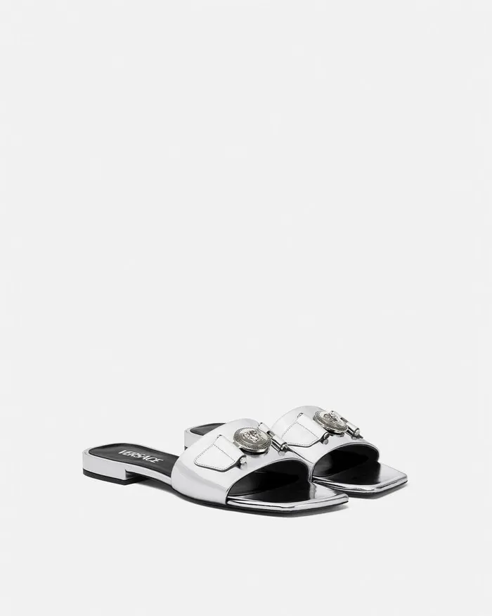 Sandals Women Versace Medusa Buckle Metallic Flat Sandals Silver