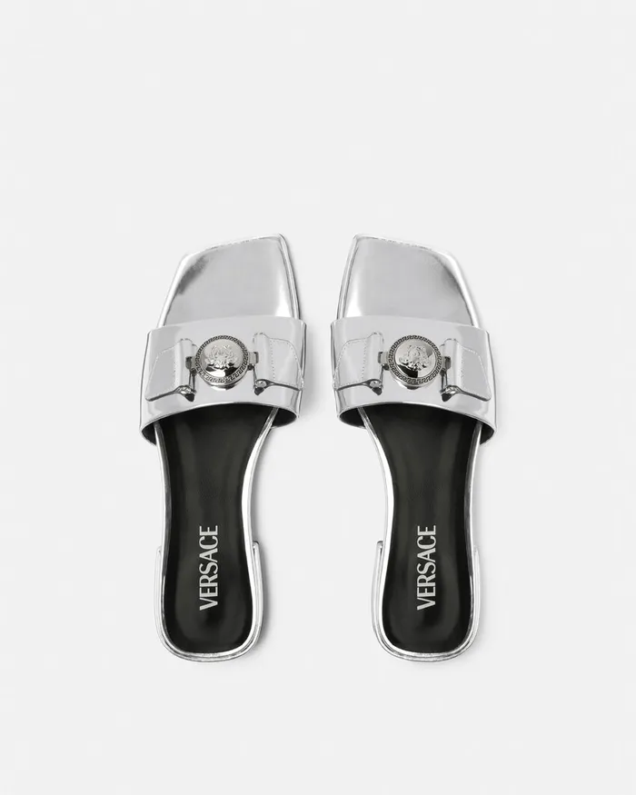 Sandals Women Versace Medusa Buckle Metallic Flat Sandals Silver