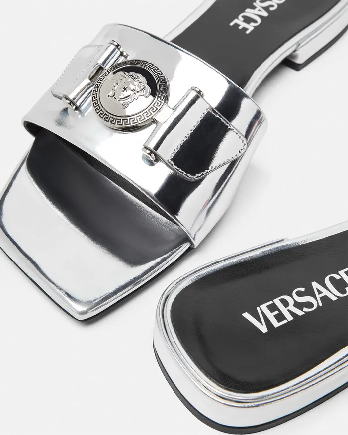 Sandals Women Versace Medusa Buckle Metallic Flat Sandals Silver