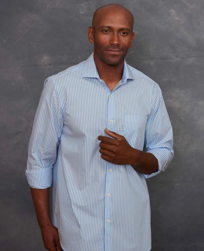 Savile Row Company Blue Cotton Bengal Stripe Classic Fit SmartCasual Shirt 8211 Single Cuff Blue Bengal Stripe Men Casual Shirts