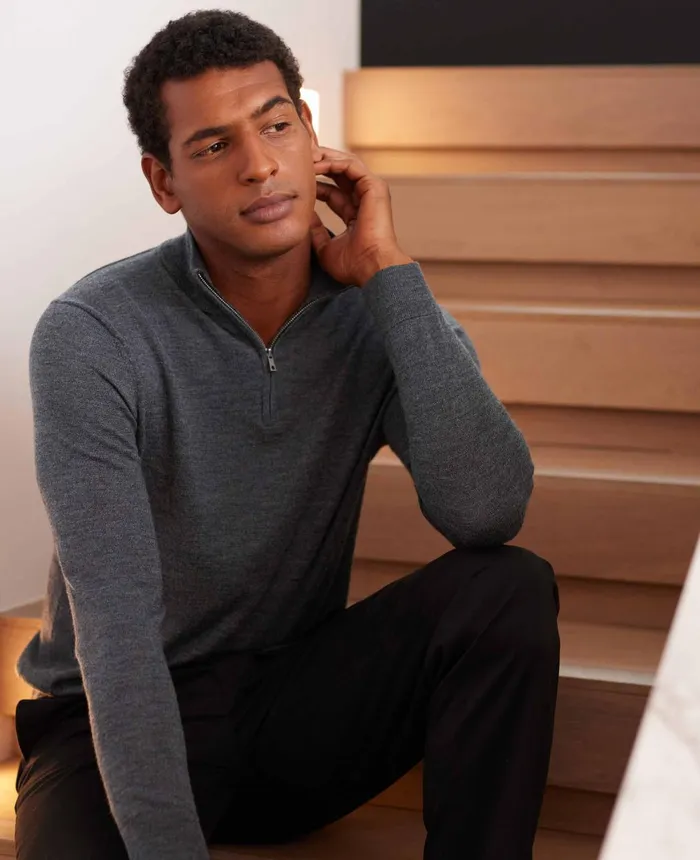 Savile Row Company Charcoal Merino Wool Zip Neck Jumper Charcoal Men Casual Tops Savile Row Company Charcoal Merino Wool Zip Neck Jumper Charcoal Men Casual Tops